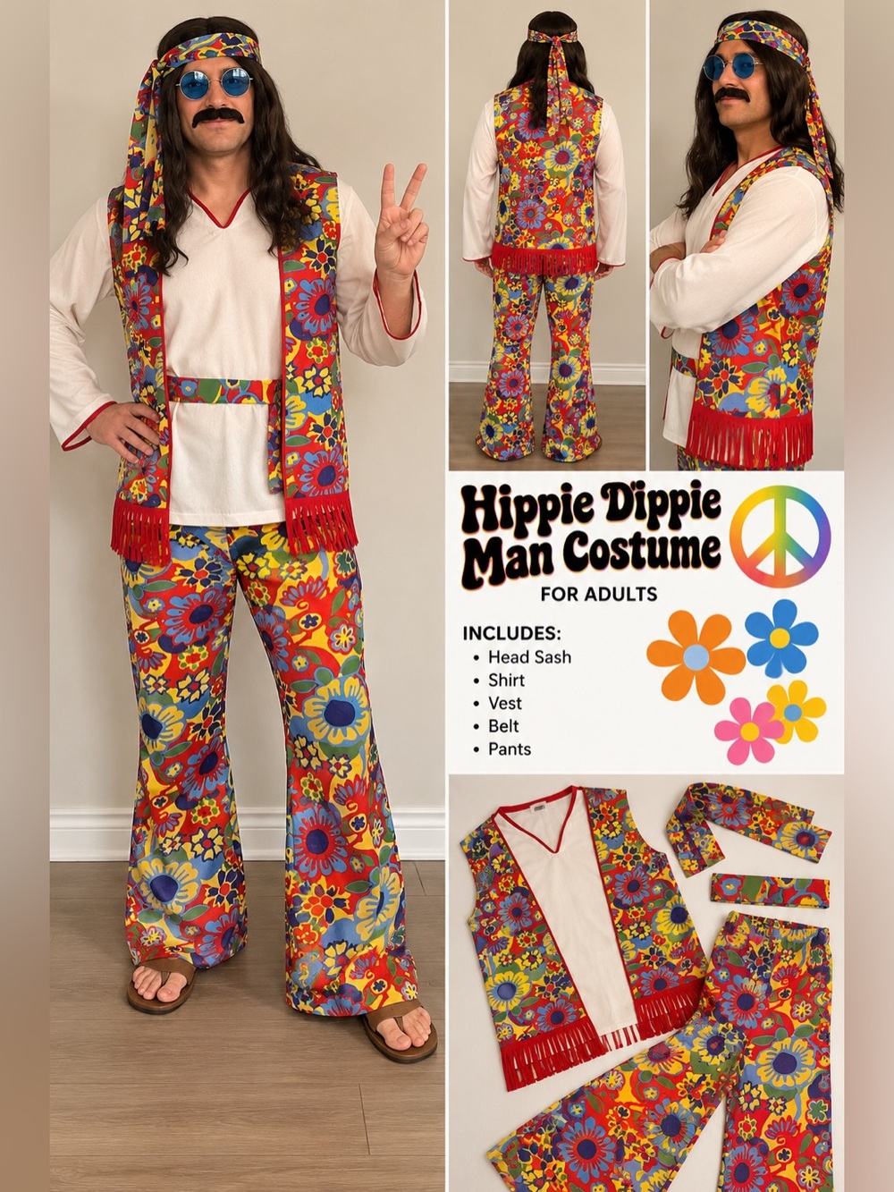 Hippie Dippie Man Kids' Flower-Power Costume - Multicolor